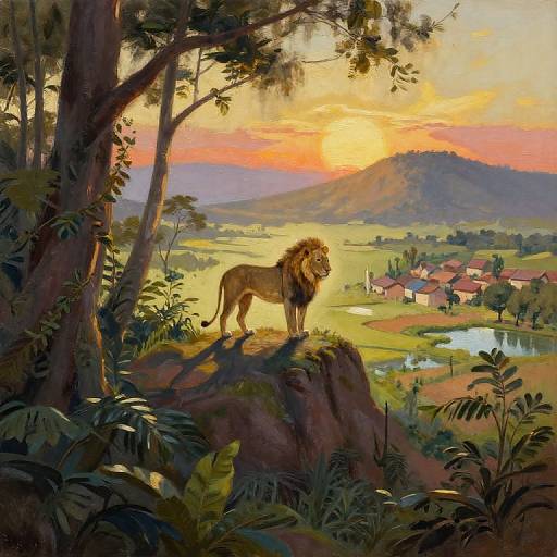 Sunset Lion Over Jungle Village