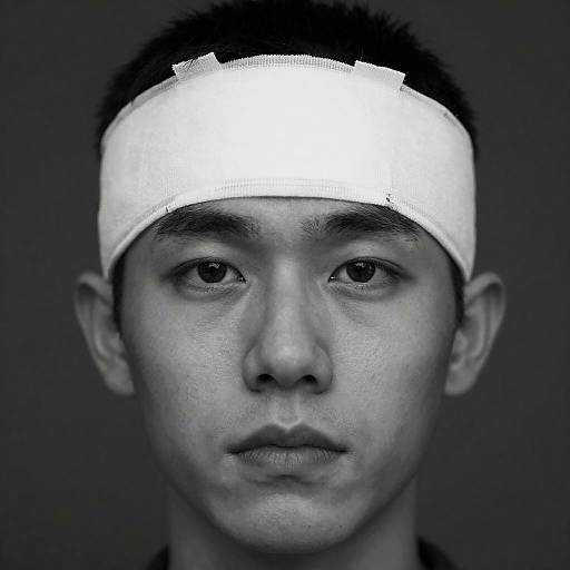 Black and White Portrait of Man with Forehead Bandage
