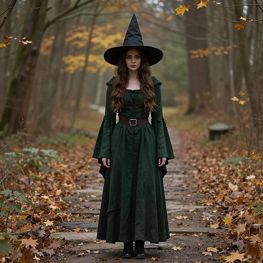 Gothic Medieval Witch in Autumn Forest