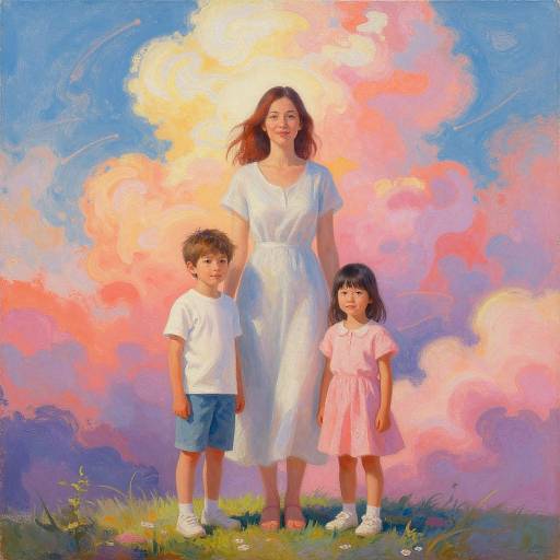 Digital painting of a smiling Asian woman in a white dress, holding hands with a boy in a white shirt and shorts, and a girl in a pink