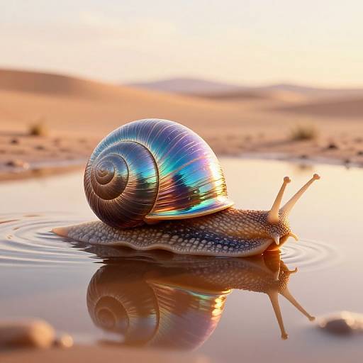 Photograph of a colorful, iridescent snail with a spiral shell, reflecting in a shallow desert water puddle at sunset.