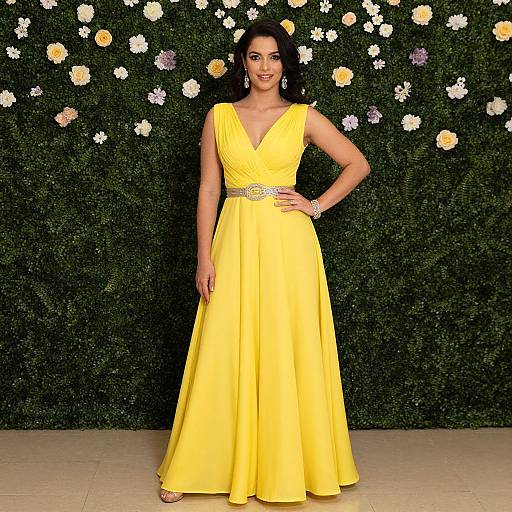 Photograph of a smiling woman with long black hair, wearing a sleeveless, V-neck, yellow gown with a silver belt, standing in front of