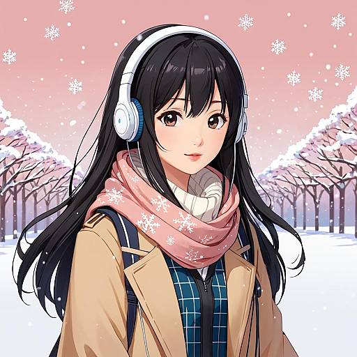 Anime-style digital drawing of a cute girl with long black hair, wearing white headphones, a pink scarf, beige coat, and blue checkered shirt,