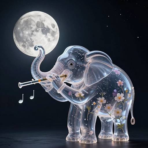 Transparent glass elephant with floral patterns, playing a flute under a glowing full moon, musical notes floating, dark starry background.