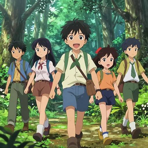 Anime-style illustration of five children walking in a vibrant, sunlit forest. They wear school uniforms with backpacks, smiling happily.