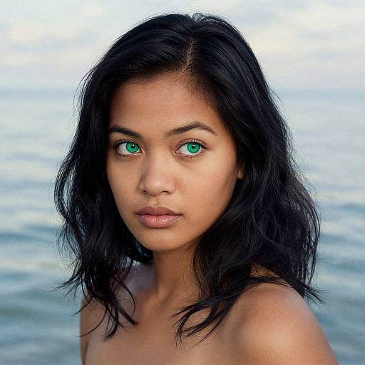 Photograph of a young South Asian woman with striking green eyes, long black wavy hair, and medium brown skin, standing topless against a blurred