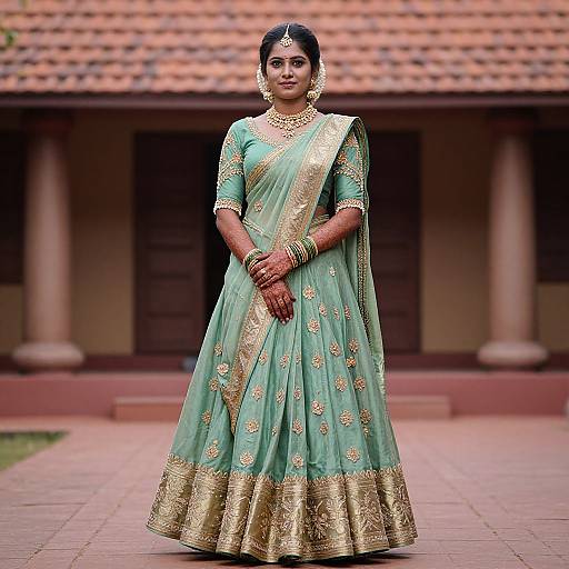 Photograph of a South Asian woman in a green, gold-embroidered saree, standing confidently in front of a traditional building with a tiled
