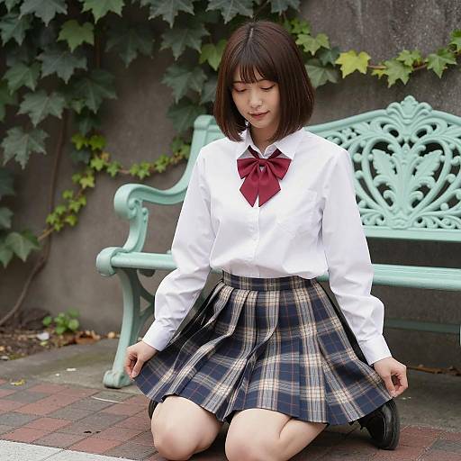 Japanese Schoolgirl Kneeling Outdoors