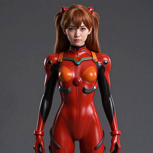 CGI image of a young Asian woman with brown hair in red and black futuristic pilot suit, standing against a dark gray background. Her suit is glossy