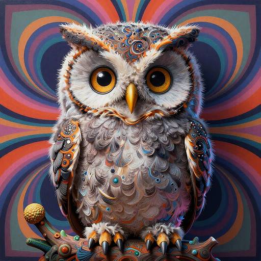 Digital artwork of a vibrant, intricately detailed owl with large, expressive yellow eyes, standing on a branch against a swirling, psychedelic background of red,