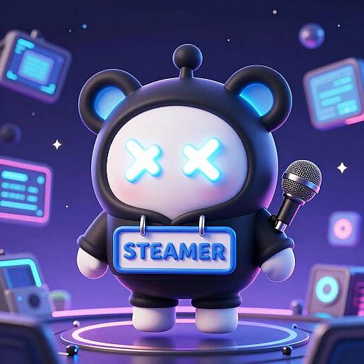 Cyberpunk Cartoon Character with Steamer Sign