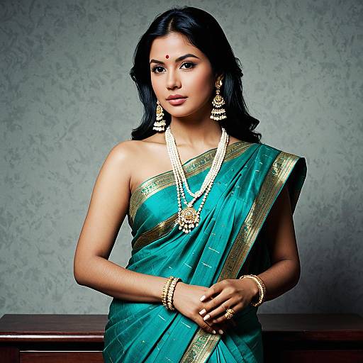 Elegant Woman in Teal Saree with Traditional Jewelry
