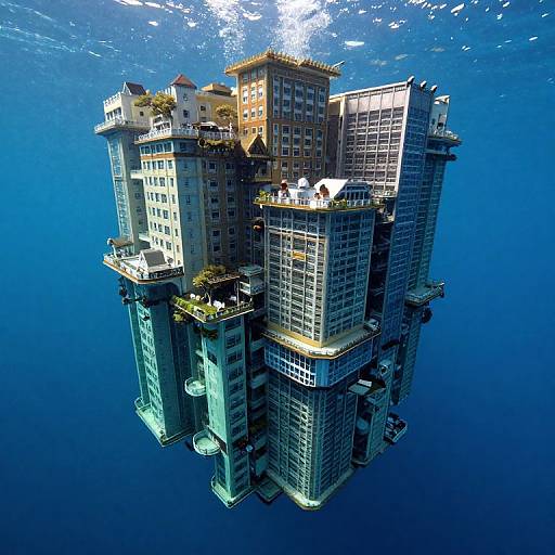 Photograph of a surreal underwater cityscape featuring tall, illuminated skyscrapers with diverse architectural styles and rooftops, set against a deep blue ocean backdrop
