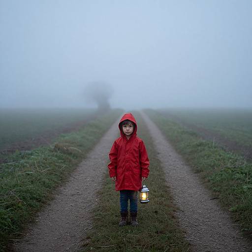 Photograph of a young child in a red raincoat, holding a lantern, standing on a misty, foggy dirt path in a grassy