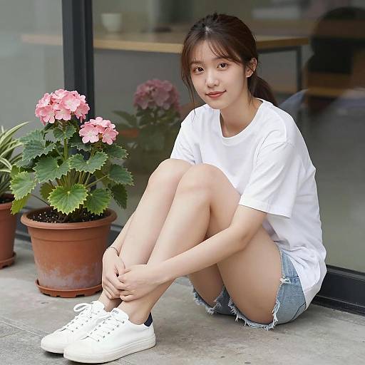 Young woman sitting with potted flowers