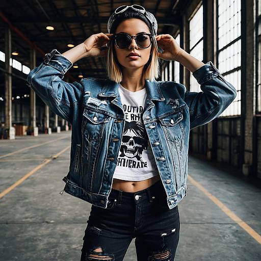 Edgy Woman in Denim Jacket and Sunglasses
