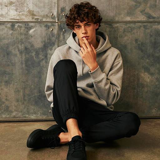 Photograph of a young man with curly brown hair, wearing a gray hoodie, black pants, and black shoes, sitting cross-legged against a textured metal