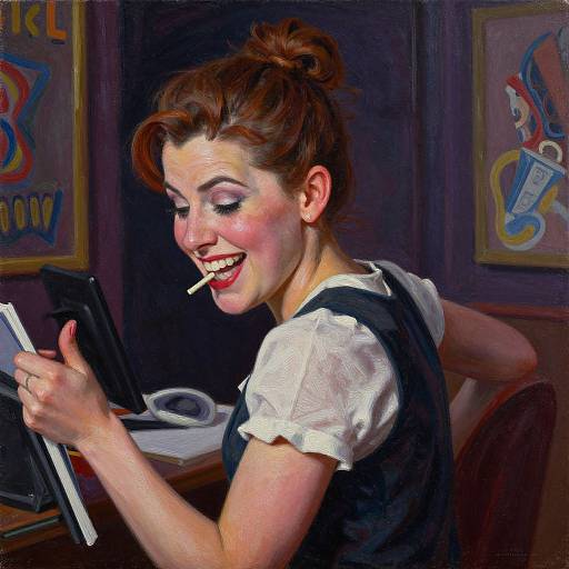 Digital painting of a smiling, red-haired woman in a black vest and white blouse, smoking a cigarette while typing on a laptop. Background includes colorful,