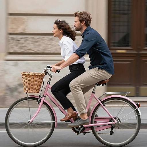 Couple Riding a Pink Bicycle Together