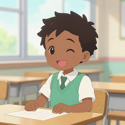 Cheerful Black Boy Anime in Classroom