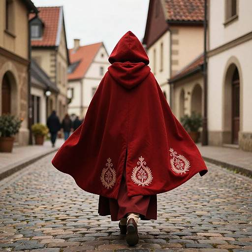 Red Cloak on Medieval Cobblestone Street