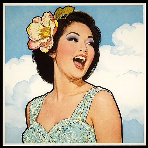 Vintage-style digital illustration of a smiling Asian woman with black hair, pink flower hairpin, blue lace dress, and bright blue sky background.