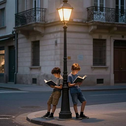 Photograph of two curly-haired boys in casual clothes, standing side-by-side, reading books under a glowing streetlamp on a quiet, cobblestone