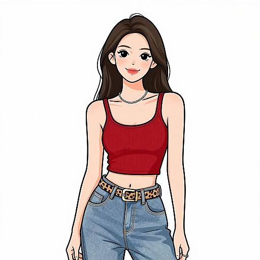 Smiling Woman in Red Crop Top and Denim Jeans