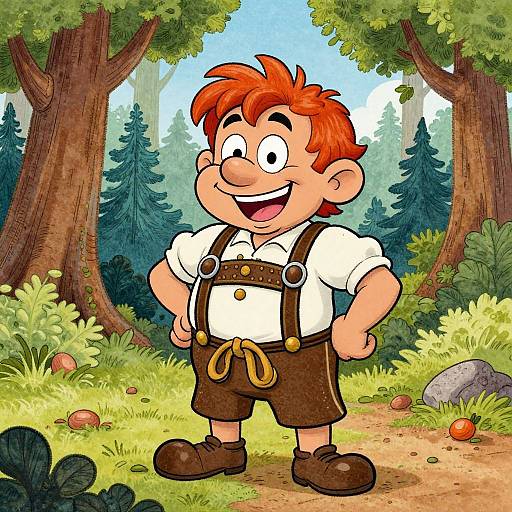 Cartoon boy with red hair, white shirt, brown shorts, suspenders, and boots, smiling in a sunny forest with trees and bushes.