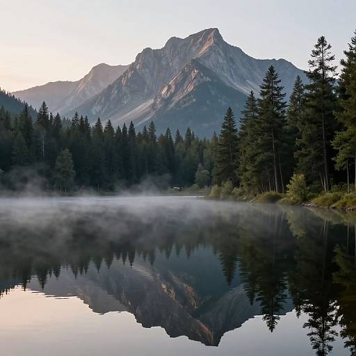 Photograph of a serene mountain landscape with mist-covered lake, reflected in still water, surrounded by dense evergreen forest under a clear sky.
