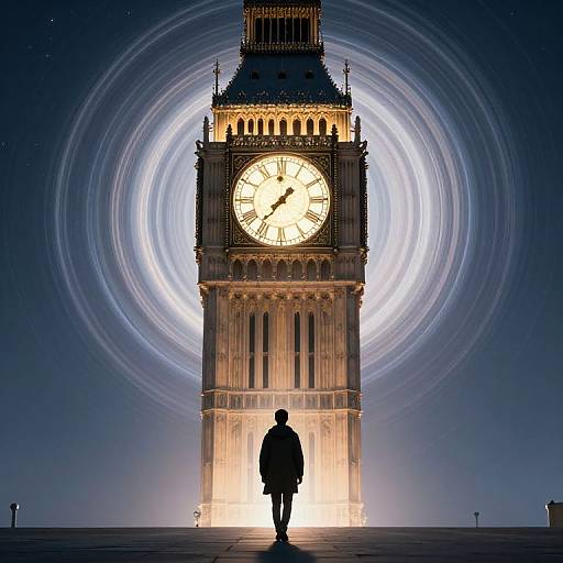 Silhouetted figure stands before illuminated Big Ben clock tower, surrounded by glowing, circular light trails in a dark, starry night sky. Phot