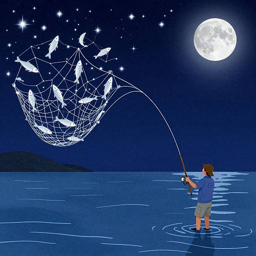 Digital illustration of a boy in a blue shirt and shorts fishing at night, catching glowing white birds with a magical net under a bright full moon.