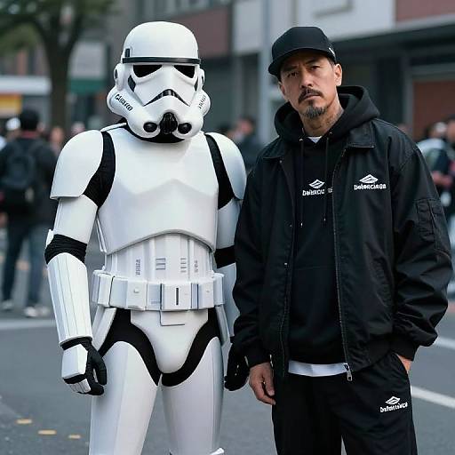 Photograph of a man in a black jacket and cap standing beside a person in white and black Stormtrooper armor on a city street.