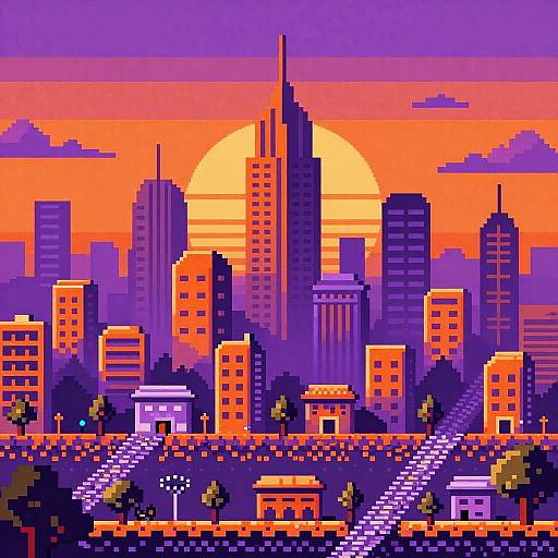 Pixelated Cityscape at Sunset
