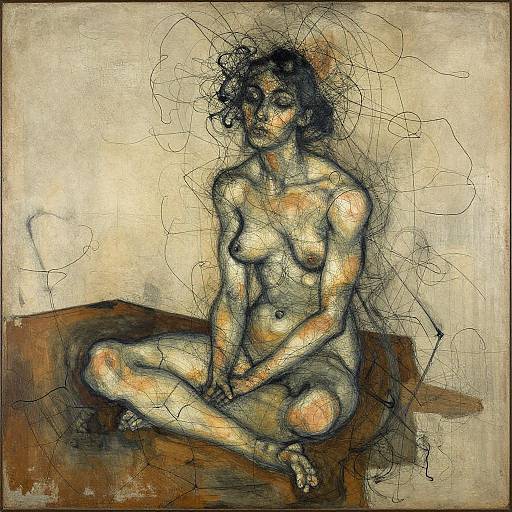 Expressionist painting of a nude woman with curly hair, seated cross-legged, on a brown surface, using dark, cracked lines and muted colors.