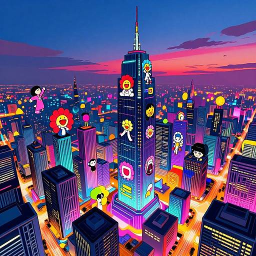 Digital illustration of a vibrant, neon-lit cityscape at sunset, featuring cartoon faces and icons on skyscrapers, creating a whimsical, futuristic