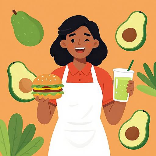 Digital illustration of a smiling, dark-skinned woman with black hair, wearing a red shirt and white apron, holding a burger and a green smooth