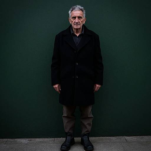 Photograph of an older white man with gray hair, wearing a black coat, dark shirt, brown pants, and black shoes, standing against a dark