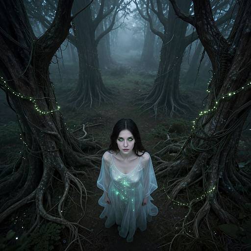 Emerald-Eyed Woman in Mystical Forest