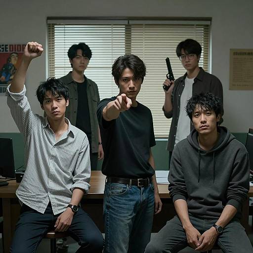 Dramatic Scene of Five Men in Conflict