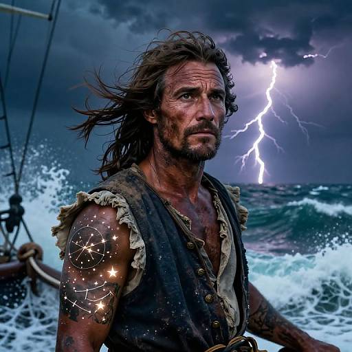 Photograph-style digital art of a rugged, bearded man with wild hair, wearing a torn shirt, featuring a celestial tattoo, standing in a storm
