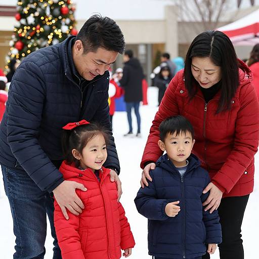 Photograph of an Asian family in winter; father and mother in black and red jackets, smiling at two children in red and navy jackets, standing outdoors
