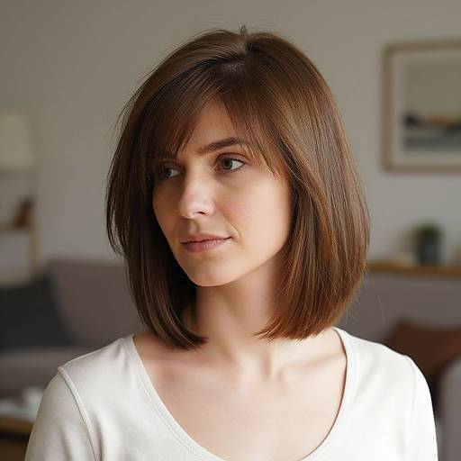 Photograph of a young Caucasian woman with straight, shoulder-length brown hair, wearing a white top, looking slightly to the right in a softly lit living