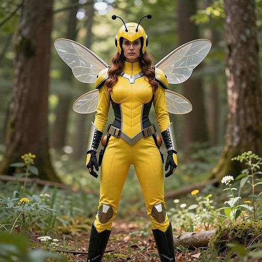 Woman in Detailed Bumblebee Costume in Forest