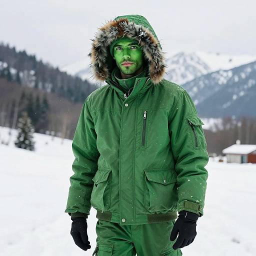 Man with green-tinted skin in snowy mountains