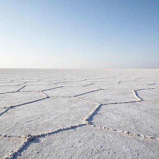 Photograph of a vast, cracked salt flat under a clear, bright blue sky. The textured surface features dark, winding cracks.