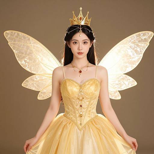 Photograph of an Asian woman with fair skin, black hair, wearing a golden crown, translucent fairy wings, and a yellow, lace-trimmed