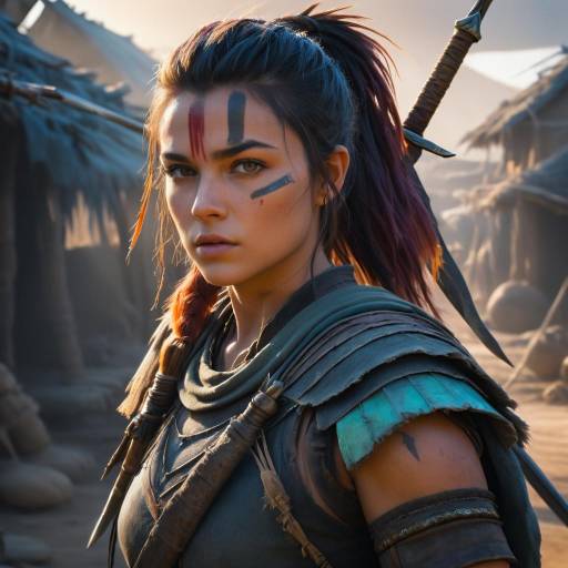 Fierce Warrior Woman in Battle Village