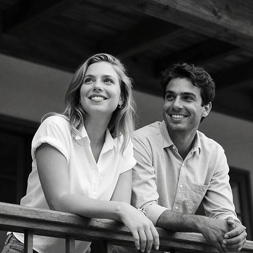 Smiling couple leaning on wooden balcony railing