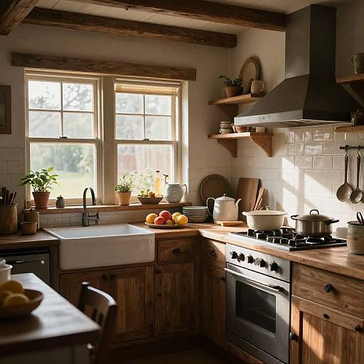 Cozy, sunlit kitchen with rustic wooden cabinets, white tiled backsplash, black gas stove, wooden countertops, potted plants, fruit bowl,